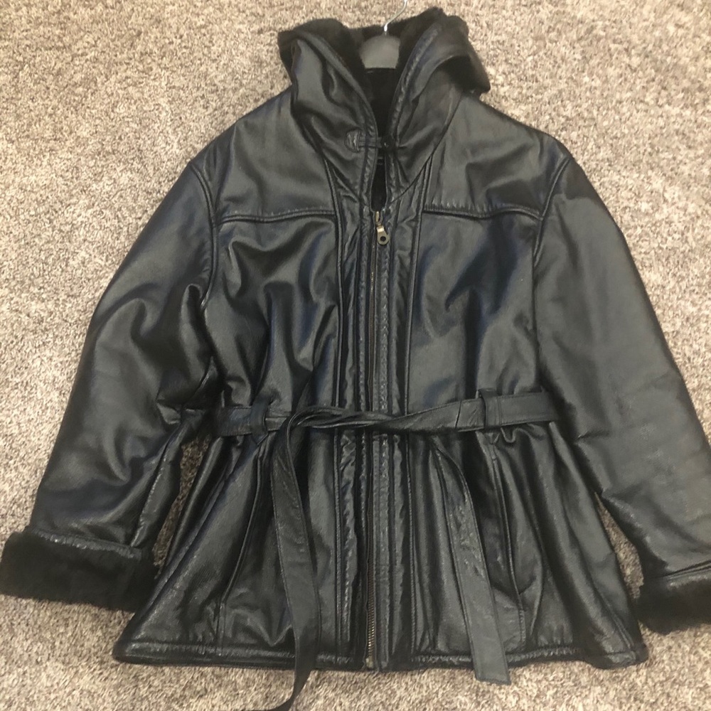 Wilson’s black leather hooded coat